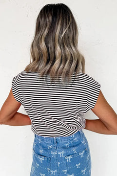 Striped Round Neck Cap Sleeve Slim Fit T Shirt