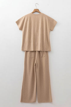Ribbed Short Sleeve Top & Wide Leg Pants Set