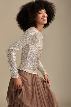 [160248-680] WOMENS LUCKY BRAND SEQUIN LONG SLEEVE TOP - CHAMPAGNE SEQUIN