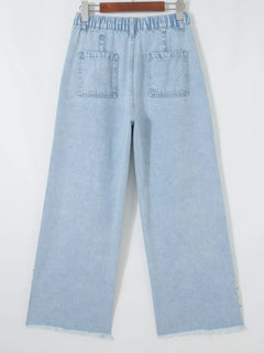 Studded Side Slit Leg Pocketed Frayed Wide Leg Jeans