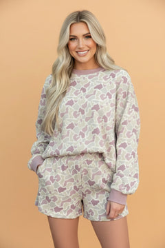 Camo Waffle Knit Long Sleeve Top & Shorts Set