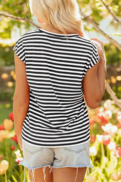 Striped Round Neck Cap Sleeve Slim Fit T Shirt