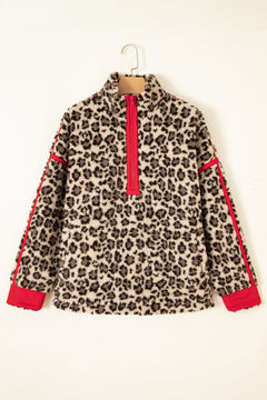 Leopard Fleece Contrast Trim Half Zip Sweatshirt