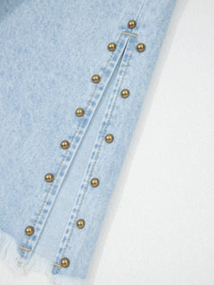 Studded Side Slit Leg Pocketed Frayed Wide Leg Jeans