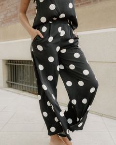 Paris Polka Dot Print Pleated Round Neck Tank Wide Leg Two-Piece Outfit