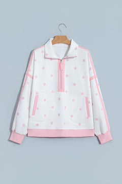 Polka Dot Half Zip Drop Shoulder Sweatshirt