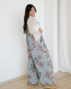 Scottie Floral Print Pleated High Waist Wide Leg Denim Jumpsuit
