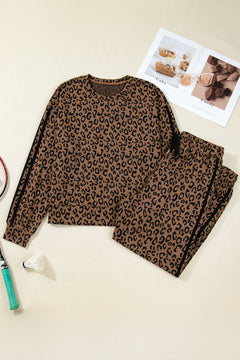 Leopard Varsity Stripe Trim Top & Drawstring Pants Set