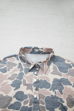 Camo Ribbed Contrast Trim Buttoned Collar Sweatshirt