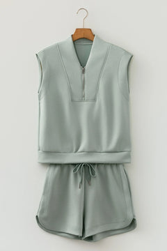 Solid Quarter Zip Sleeveless Top & Shorts Set
