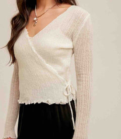 Pointelle Tie  Waist Sweater Top - Off White