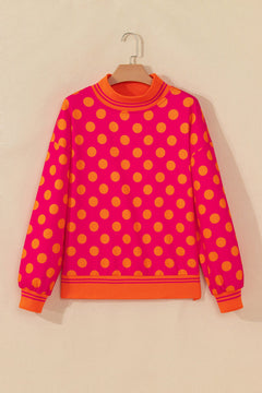 Polka Dot Stripe Trim Mock Neck Sweatshirt