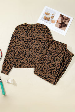 Leopard Varsity Stripe Trim Top & Drawstring Pants Set