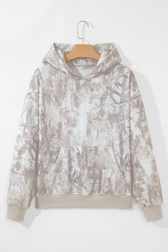 Abstract Camo Ribbed Trim Kangaroo Pocket Hoodie
