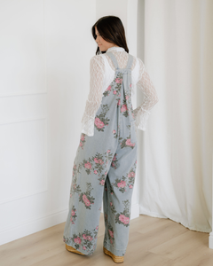 Scottie Floral Print Pleated High Waist Wide Leg Denim Jumpsuit