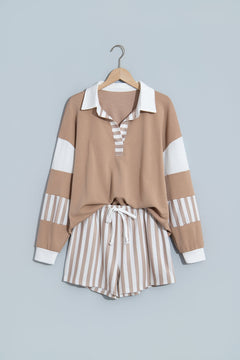 Stripe Colorblock Polo Top & Drawstring Shorts Set