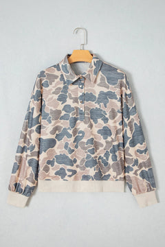 Camo Ribbed Contrast Trim Buttoned Collar Sweatshirt