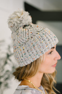 Cover Your Ears Pom Pom Beanie in Grey
