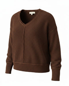 [163381-249] WOMENS LUCKY BRAND L/S SOLID TEXTURED V NK (5GG) - CHICORY COFFEE