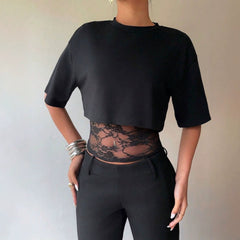 Summer Faux Two Piece Lace Slim Fit Patchwork Hollow Out Cutout Sexy Short Sleeve Women T Shirt Tops