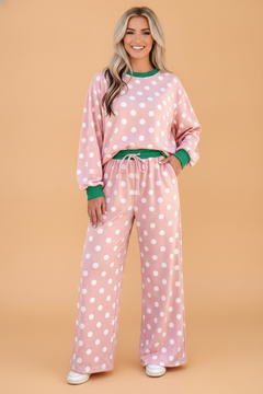 Polka Dot Contrast Trim Top & Drawstring Pants Set