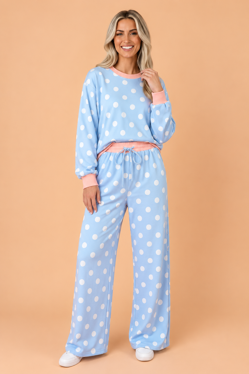 Polka Dot Contrast Trim Top & Drawstring Pants Set