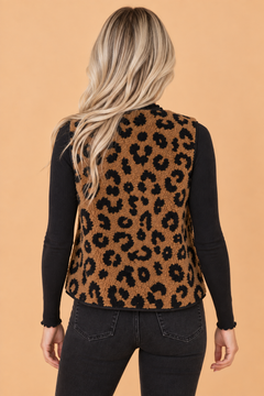 Leopard Sherpa Fleece Sleeveless Buttoned Vest Coat