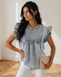 Hollis Pleated Detail Vintage Washed Denim Top