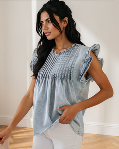 Hollis Pleated Detail Vintage Washed Denim Top