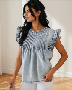 Hollis Pleated Detail Vintage Washed Denim Top