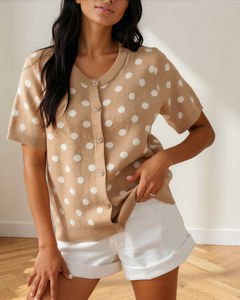 Eva Polka Dot Short Sleeve Button Down Sweater Cardigan