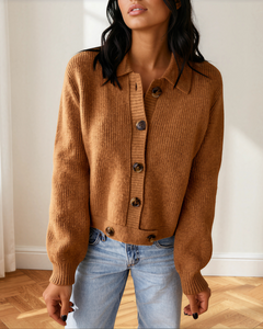 Scottie Ribbed Knit Collar Button Front Long Sleeve Cardigan