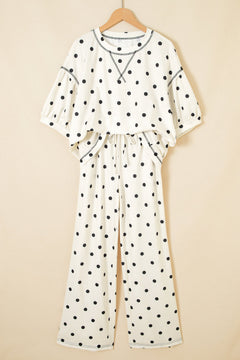 Polka Dot 3/4 Sleeve Top & Elastic Waist Pants Set