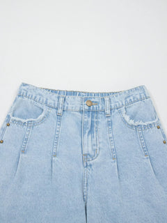 Studded Side Slit Leg Pocketed Frayed Wide Leg Jeans