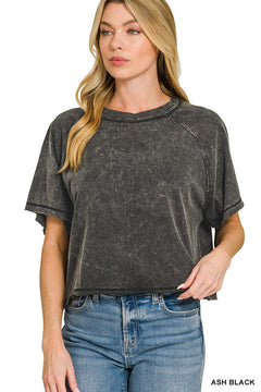 Zenana Acid Washed Crop Round Neck Shirt
