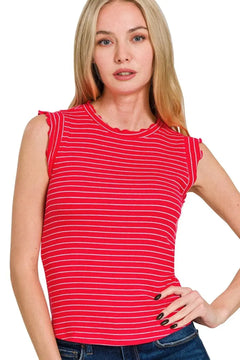 Zenana Ruby Ribbed Ruffle Trim Striped Sleeveless Tank Top for Women