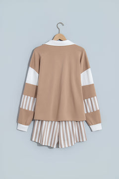 Stripe Colorblock Polo Top & Drawstring Shorts Set