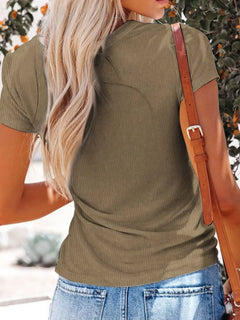 Full Size Casual Button Detail Womens V Neck T Shirt