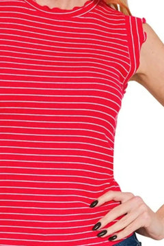 Zenana Ruby Ribbed Ruffle Trim Striped Sleeveless Tank Top for Women