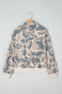 Camo Ribbed Contrast Trim Buttoned Collar Sweatshirt