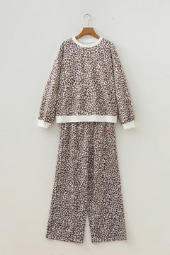 Leopard Bow Embroidered Colorblock Top & Pants Set
