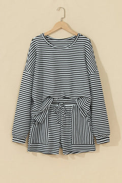 Stripe Long Sleeve Textured Knit Top & Shorts Set