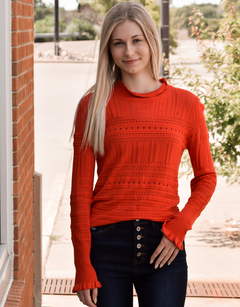 Hollow-Out Knitted Long Sleeve Top With Ruffle